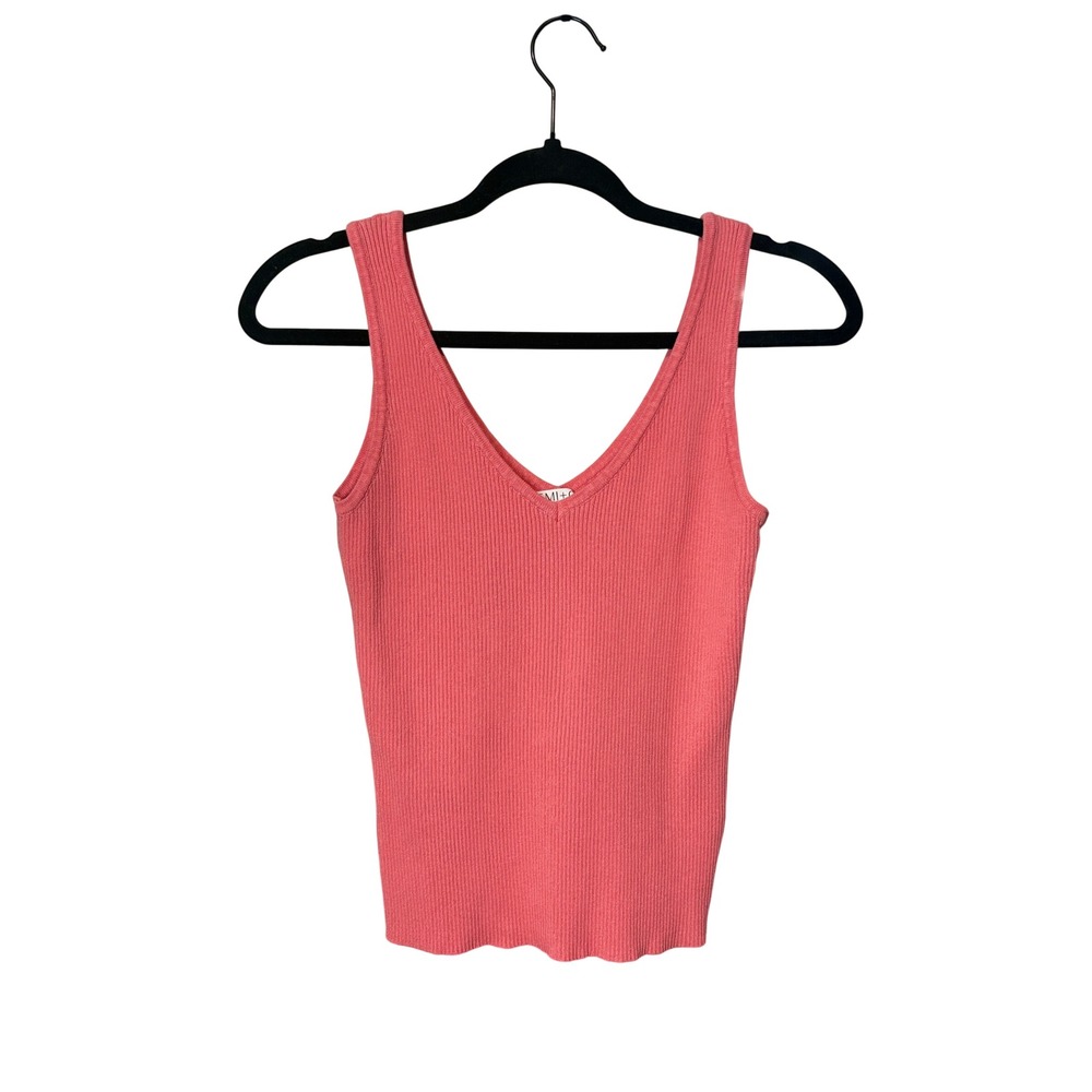 AEMI+CO Ribbed V-Neck Tank Top Coral Pink Medium Rayon Casual Basic